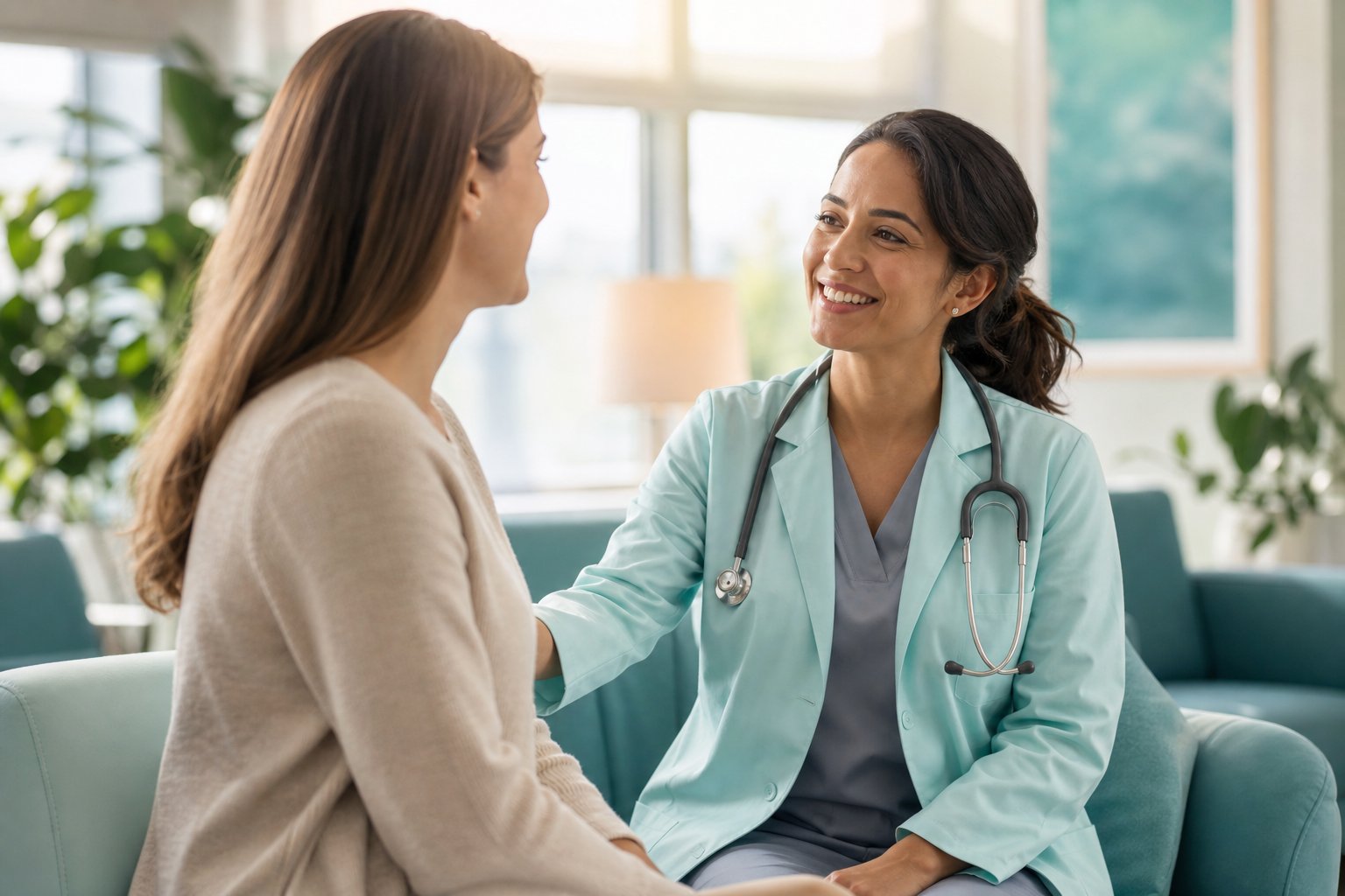 A friendly clinician greeting a relaxed patient in a bright, welcoming clinic at Online Care Health