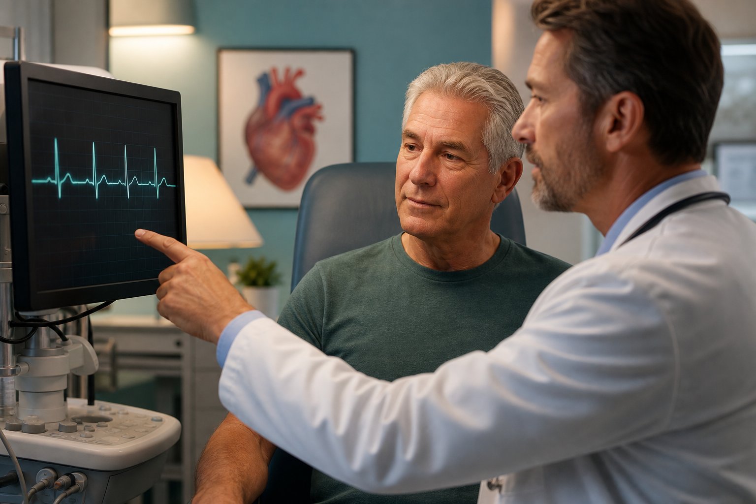 Physician reviewing heart rhythm readings with a calm patient
