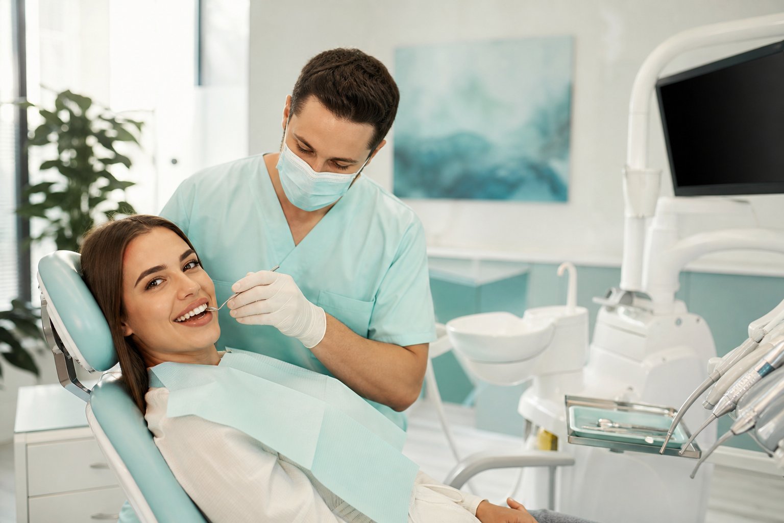 Dentist treating a comfortable patient in a bright modern dental clinic