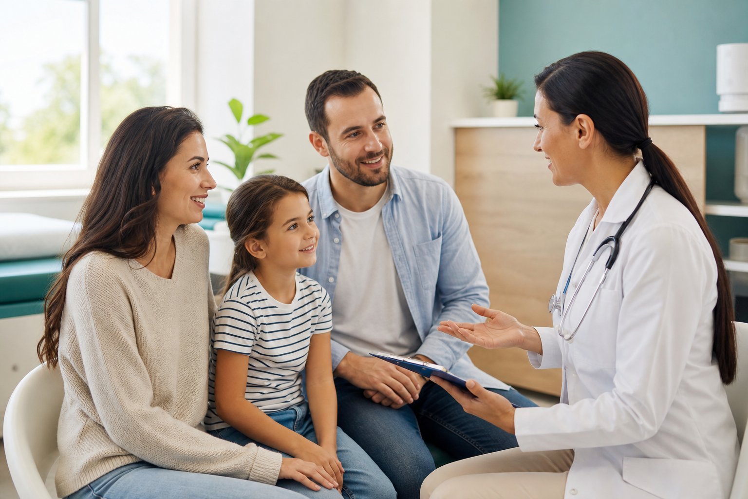 Clinician reviewing health notes with a family during a general healthcare consultation