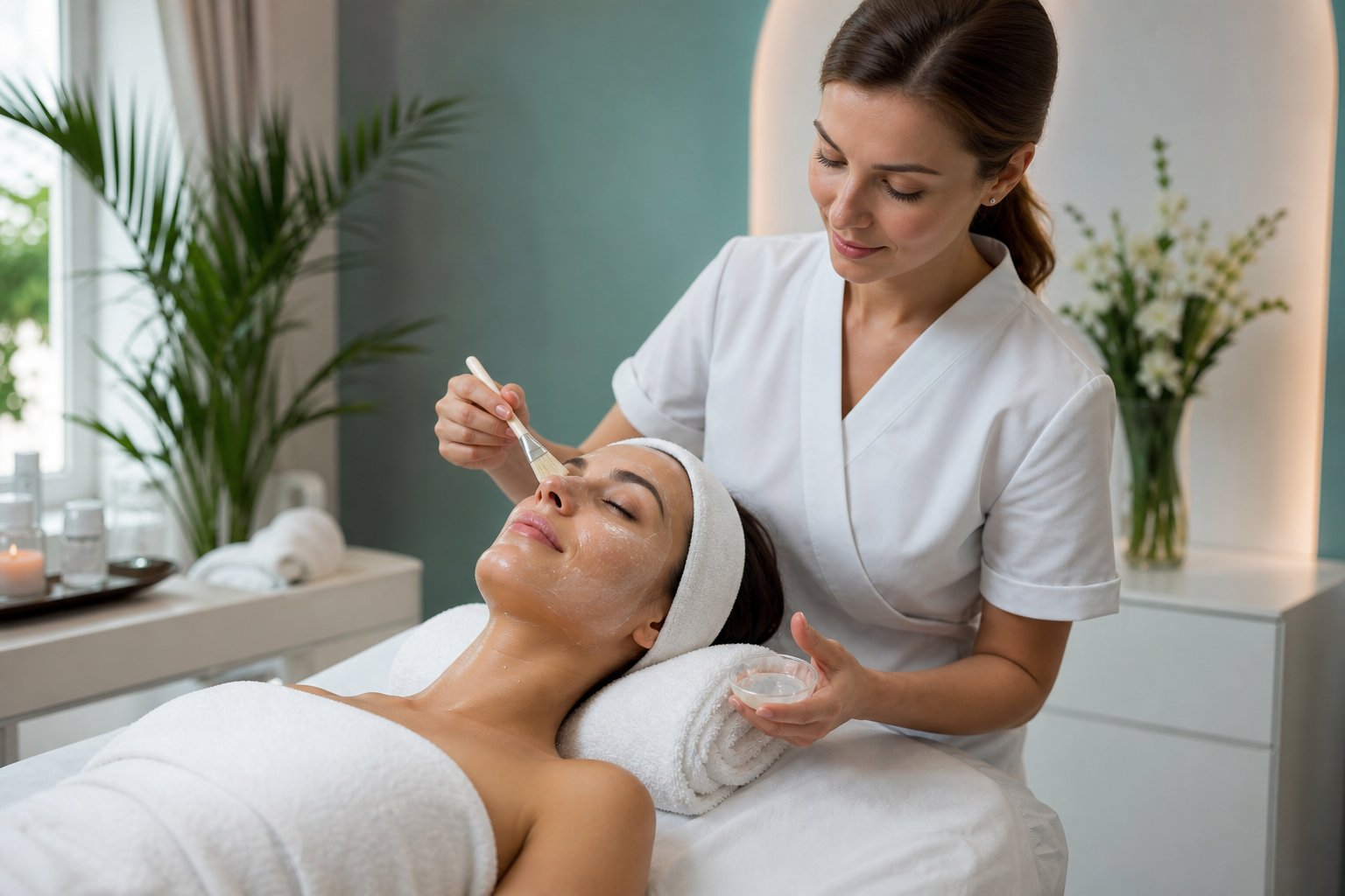 Client receiving a gentle skincare treatment in a calm clinic room