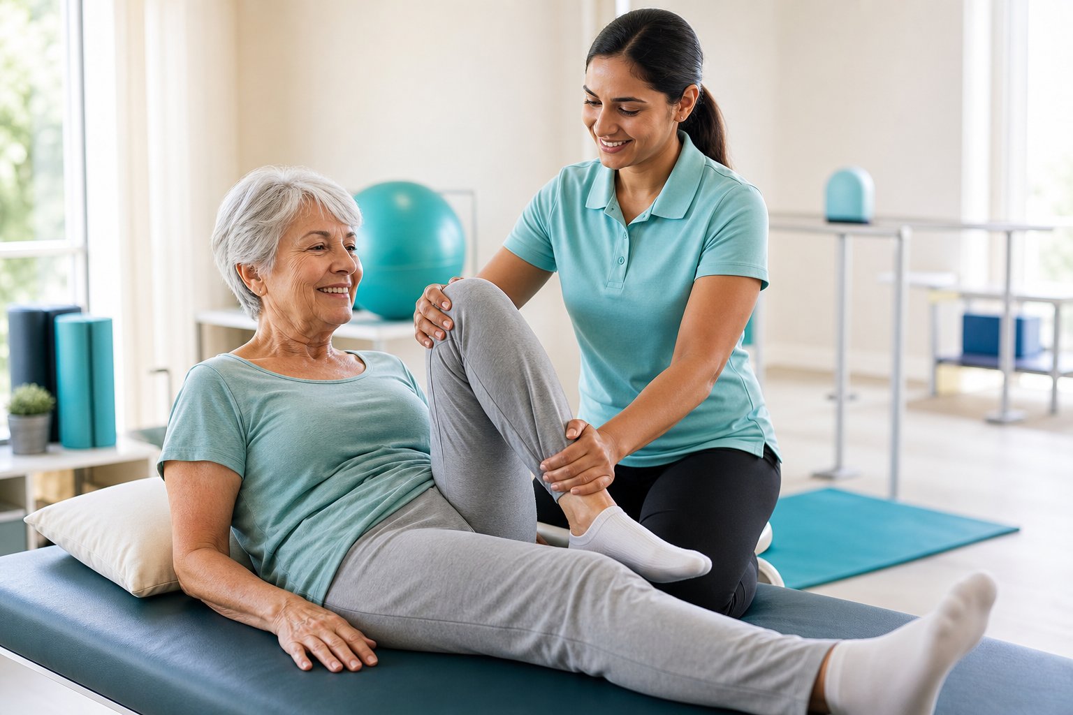 Physiotherapist guiding an older adult through a knee mobility exercise