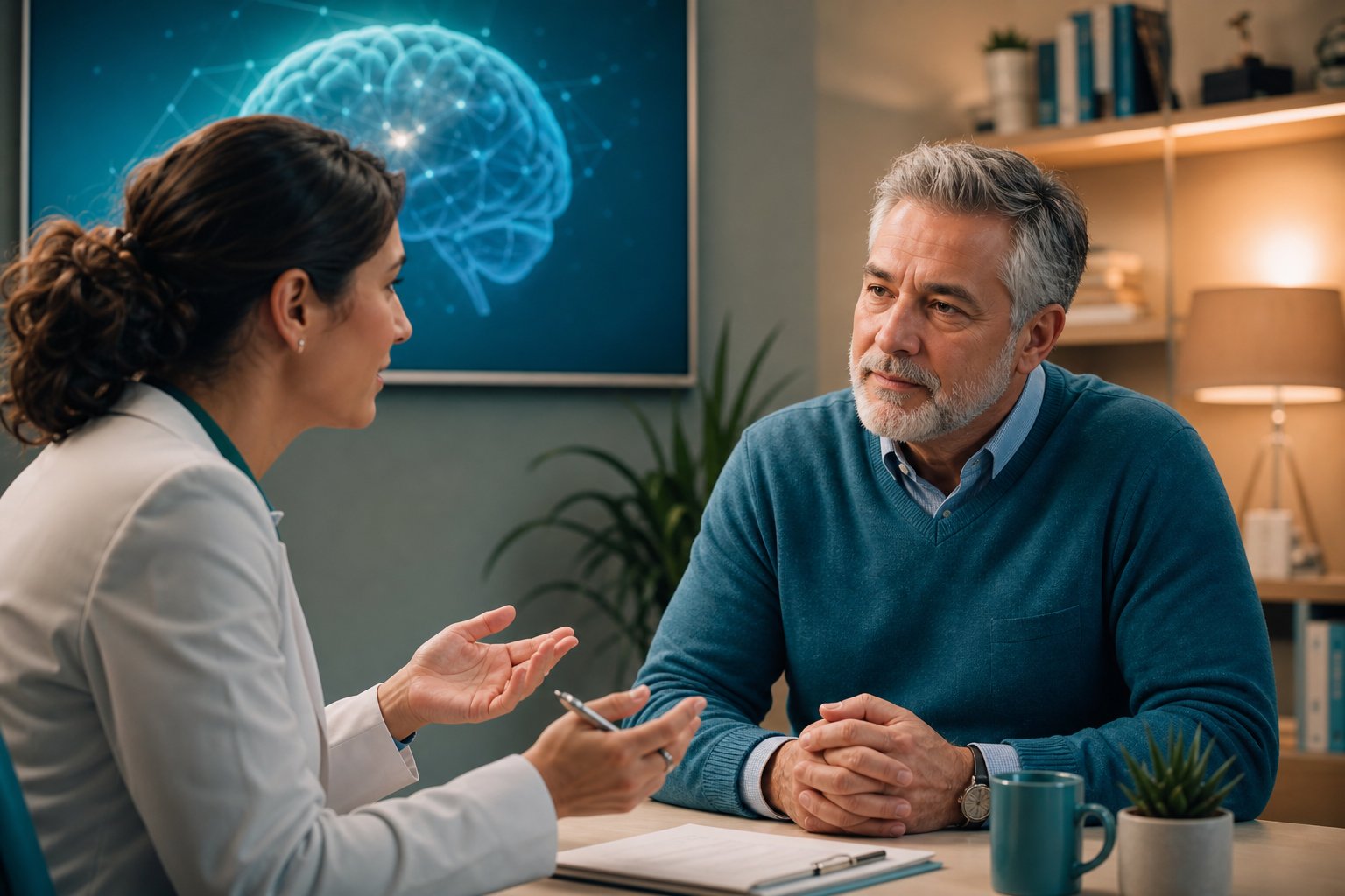 Specialist talking with a thoughtful mature adult during a cognitive wellness review