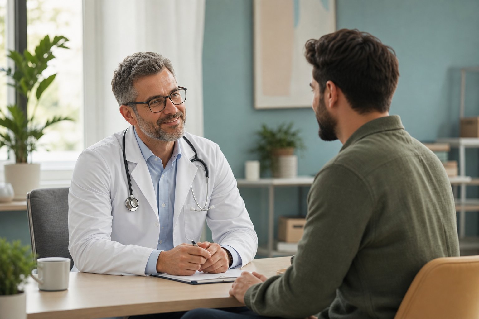 Clinician in a welcoming consultation room listening to an adult patient