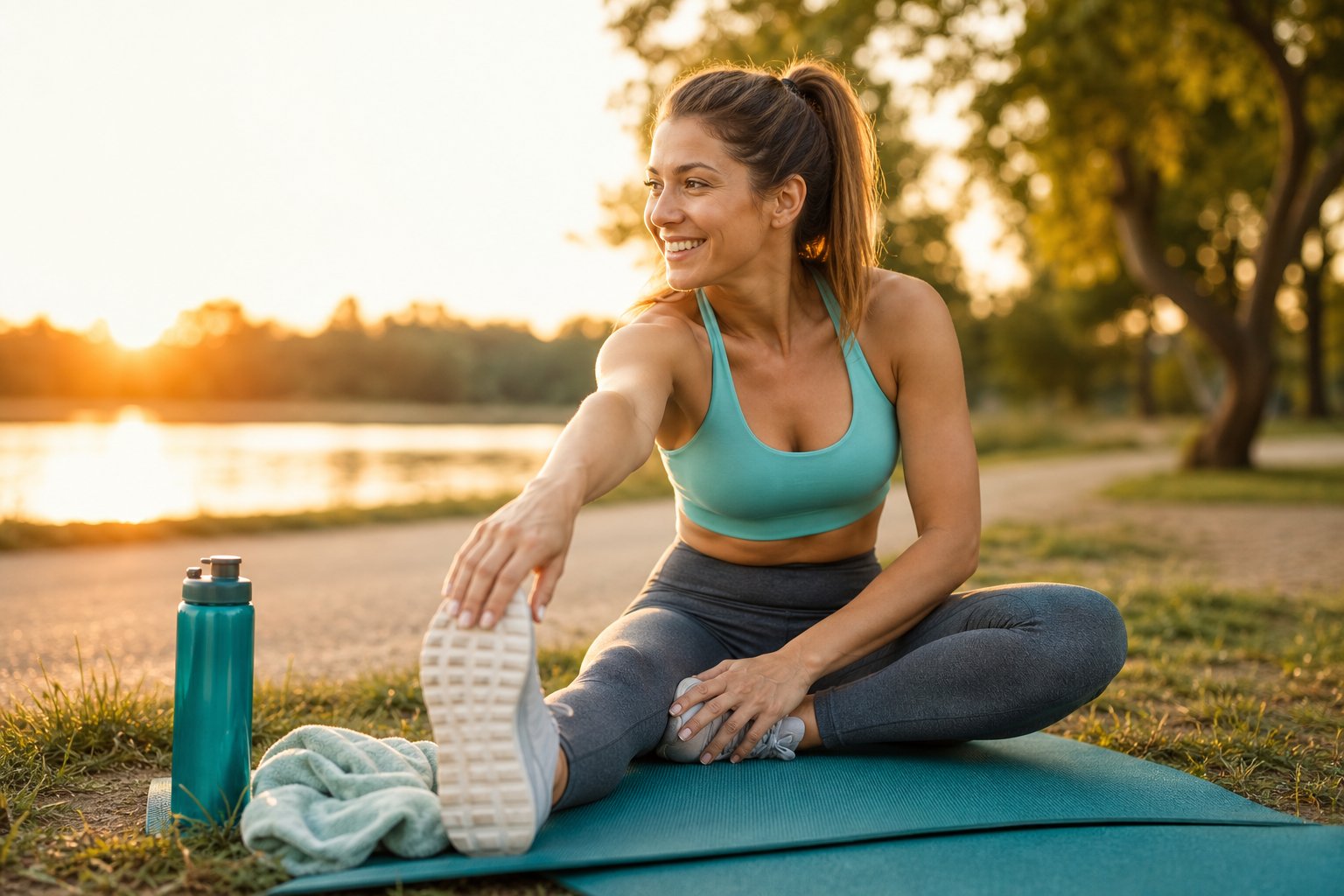 Woman exercising outdoors at golden hour as part of a healthy weight plan