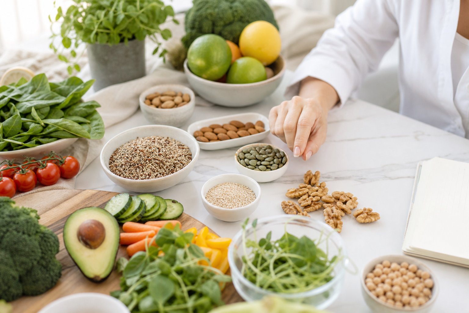 Fresh vegetables, whole grains and seeds arranged for a nutrition consultation